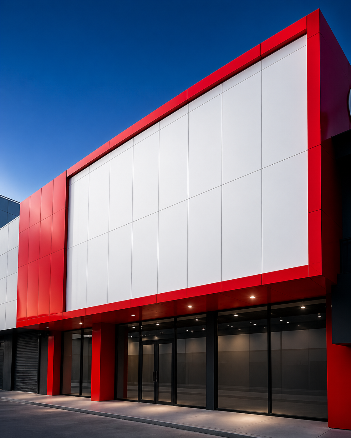 Fachada arquitectónica con paneles ACM rojos y blancos